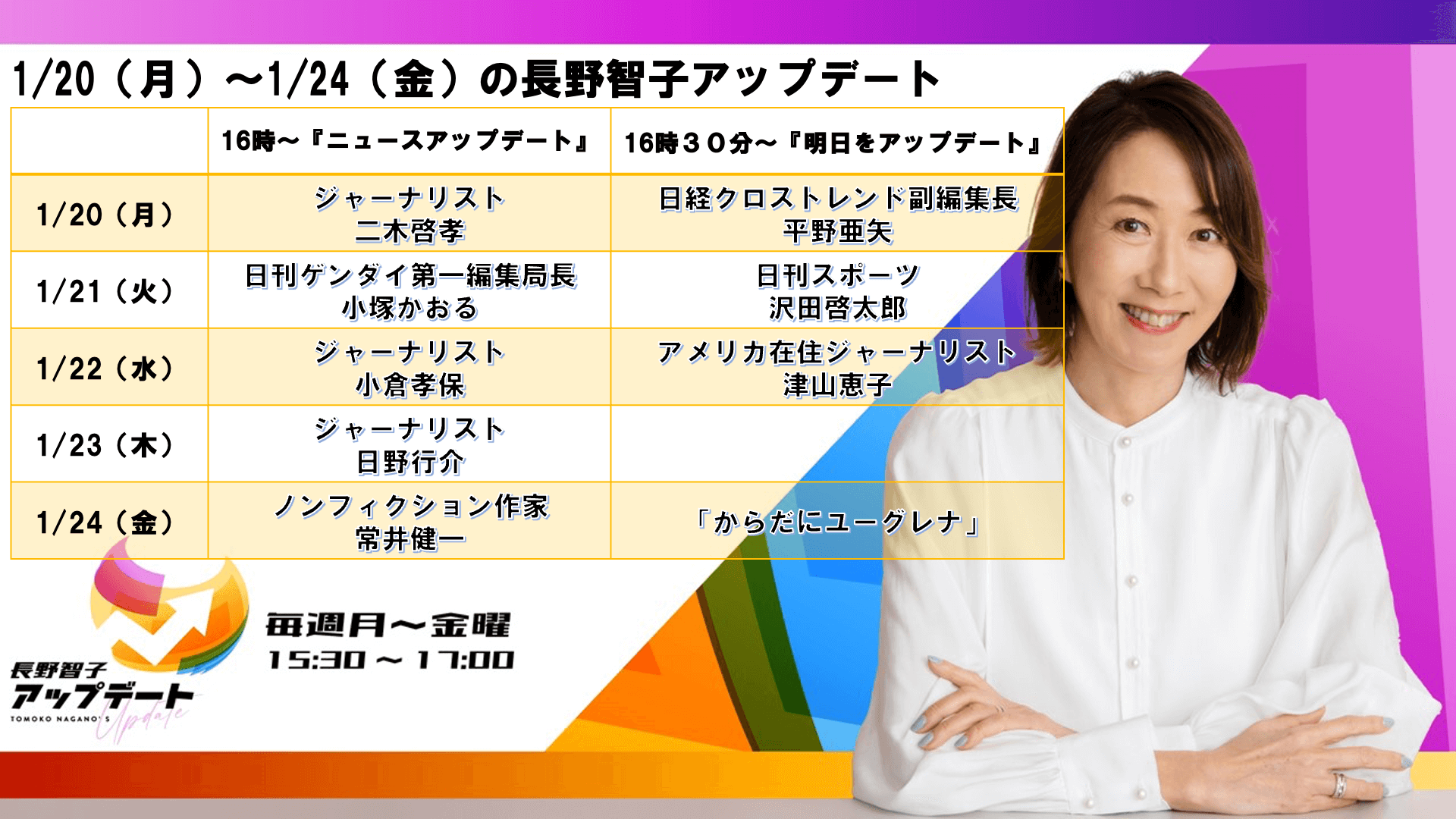 1/20～1/24の『長野智子アップデート』ラインナップ！！！