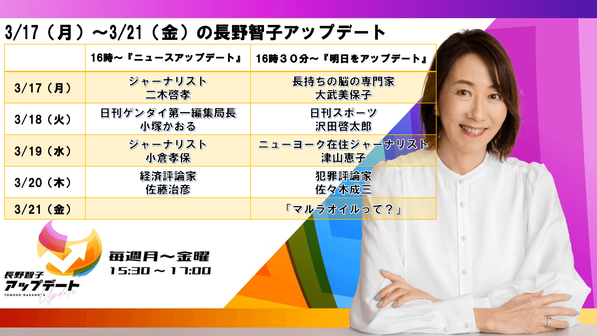 3/17～3/21の『長野智子アップデート』ラインナップ！！！